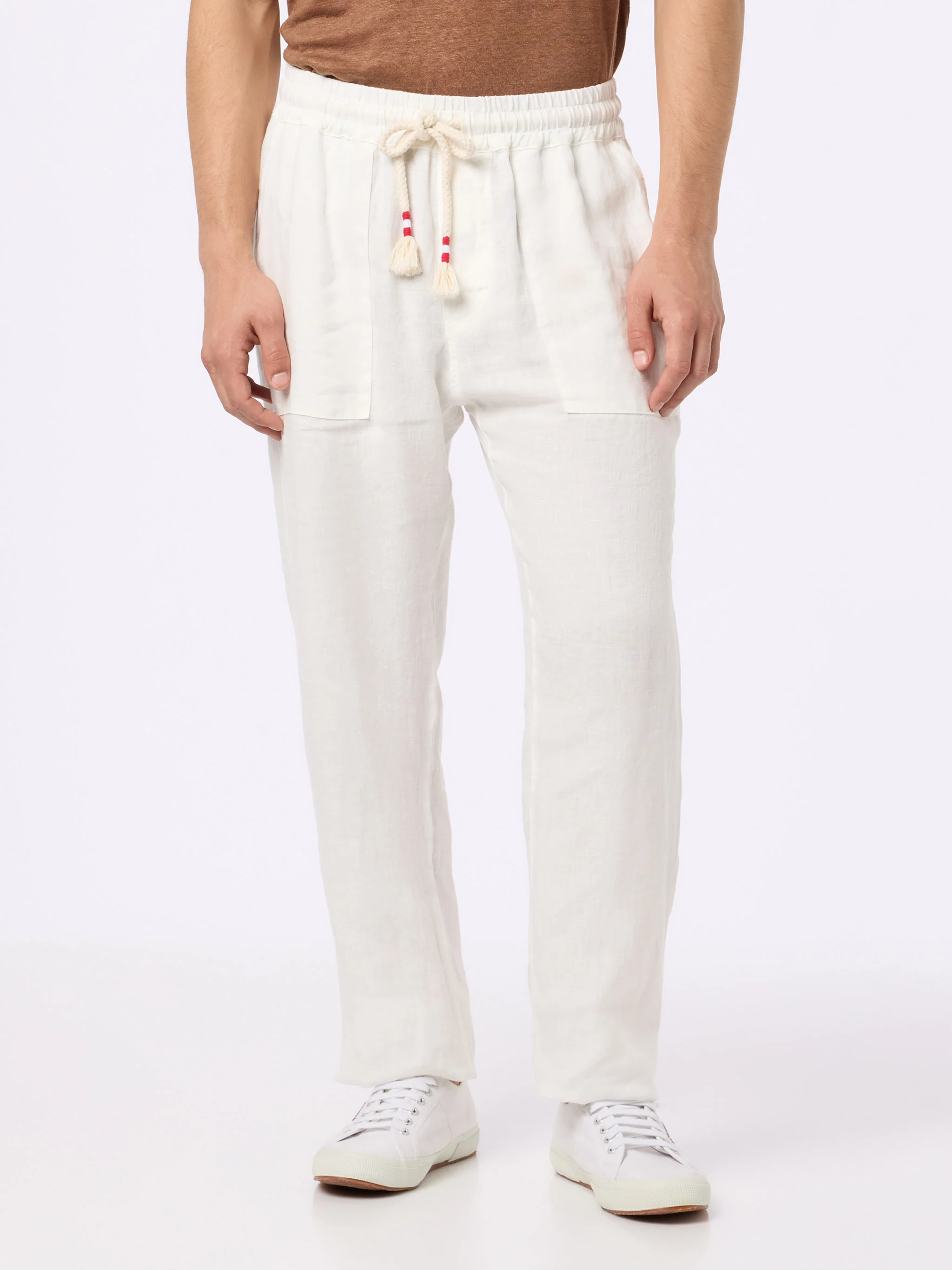 Calais linnen lange broek | 100% linnen | Wit | Losse pasvorm | Elastische taille | Franse zijzakken | Verborgen knoopsluiting | MC2 Saint Barth