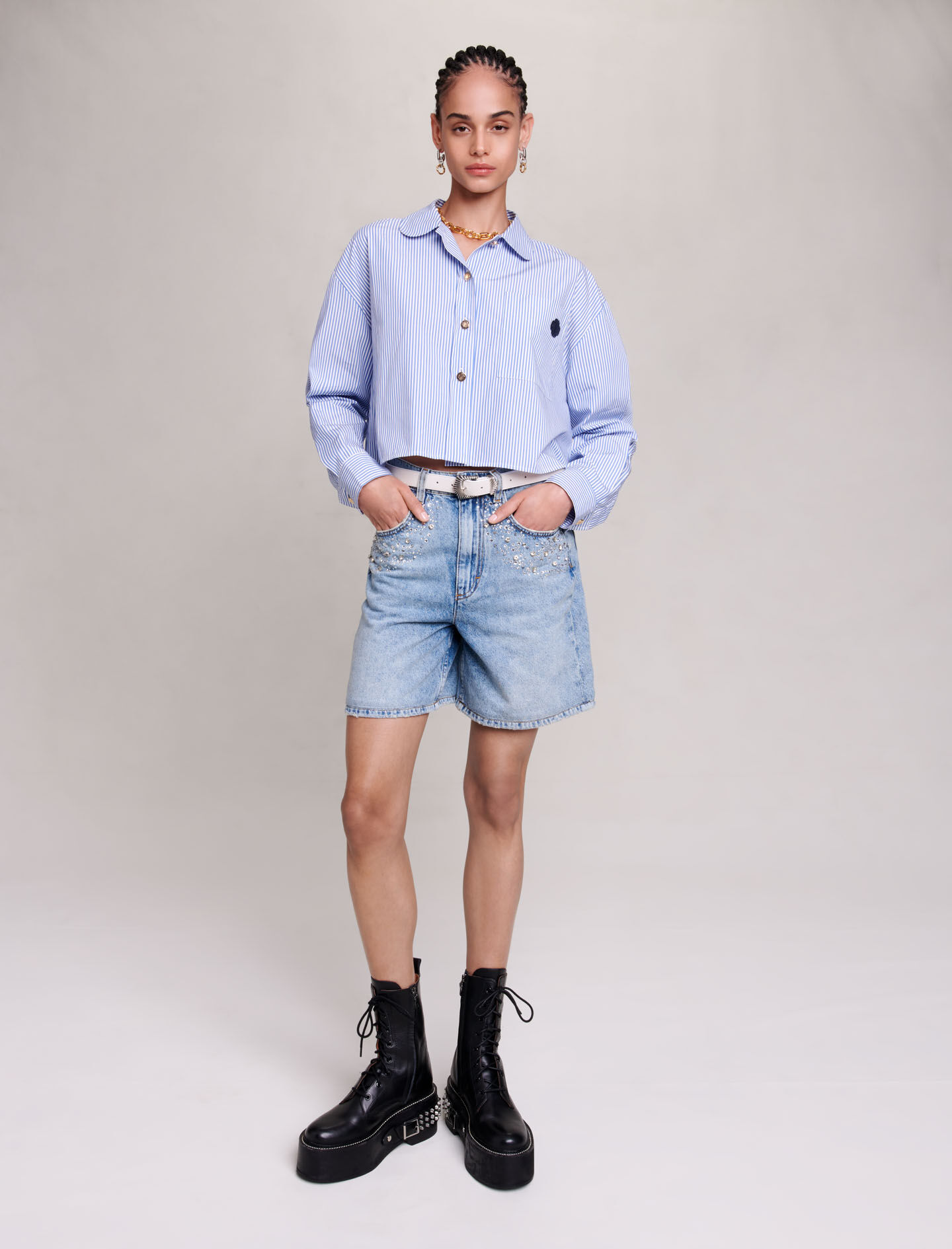 Gestreept cropped shirt - Blauw