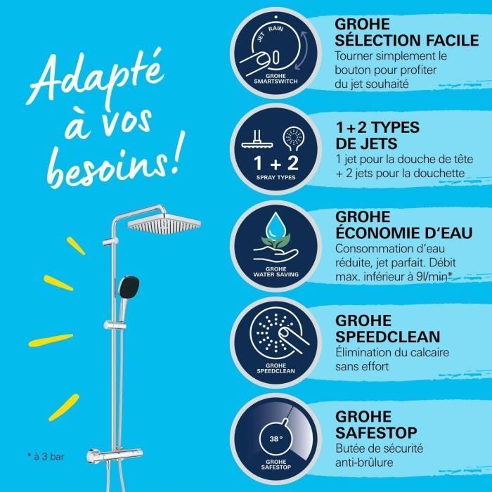 Columna de ducha con mezclador termostático - Ahorro de agua - GROHE Vitalio Comfort 250 - Cromado - 26696001