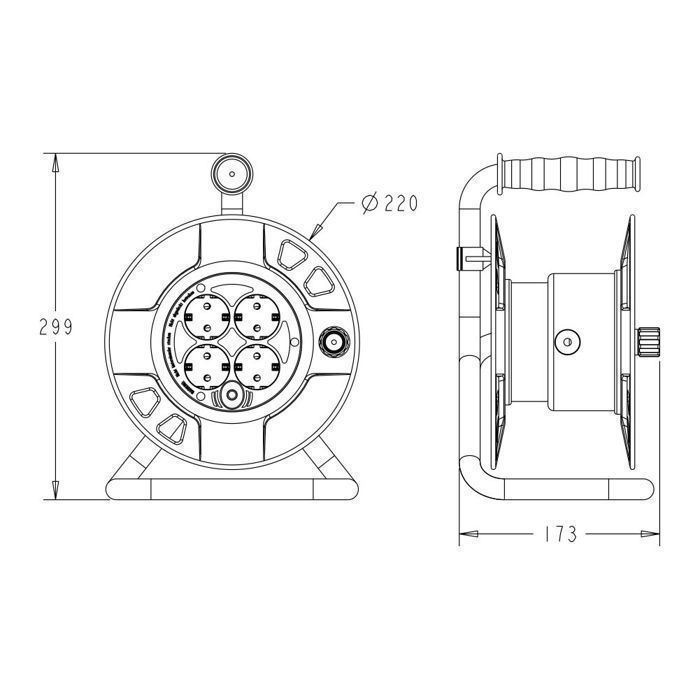 Carretel de cabo de 25 m H05VV-F 3G1,50 mm² - 4 tomadas de 16 A