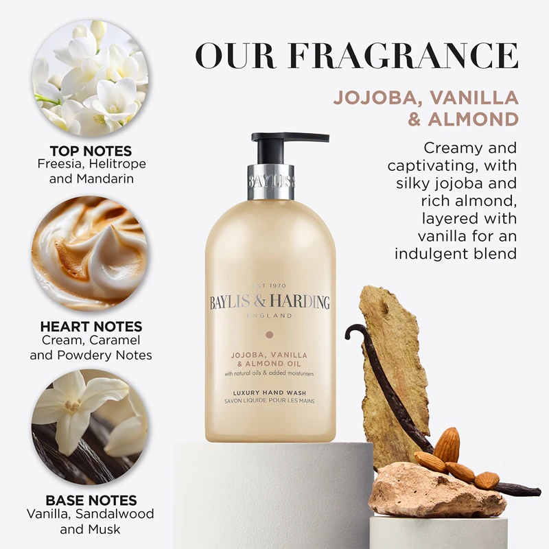 „Baylis & Harding“ skystas rankų muilas su simondsijų, vanilės ir migdolų aliejumi
