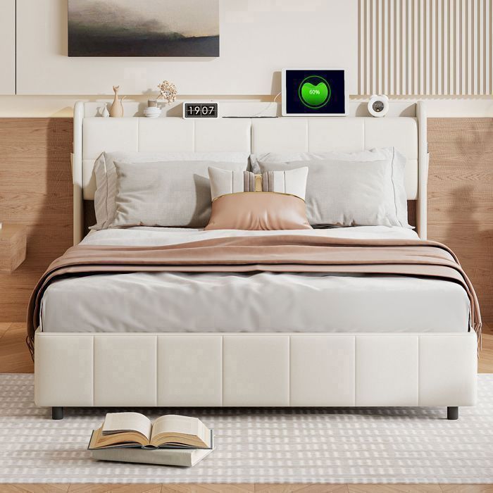 Complete slaapkamerinrichting voor volwassenen, bedframe 160x200 cm, tweepersoonsbed, opbergbed 160x200 cm, bed, USB-poort, 4 lades, opbergruimte, gestoffeerd, PU, wit