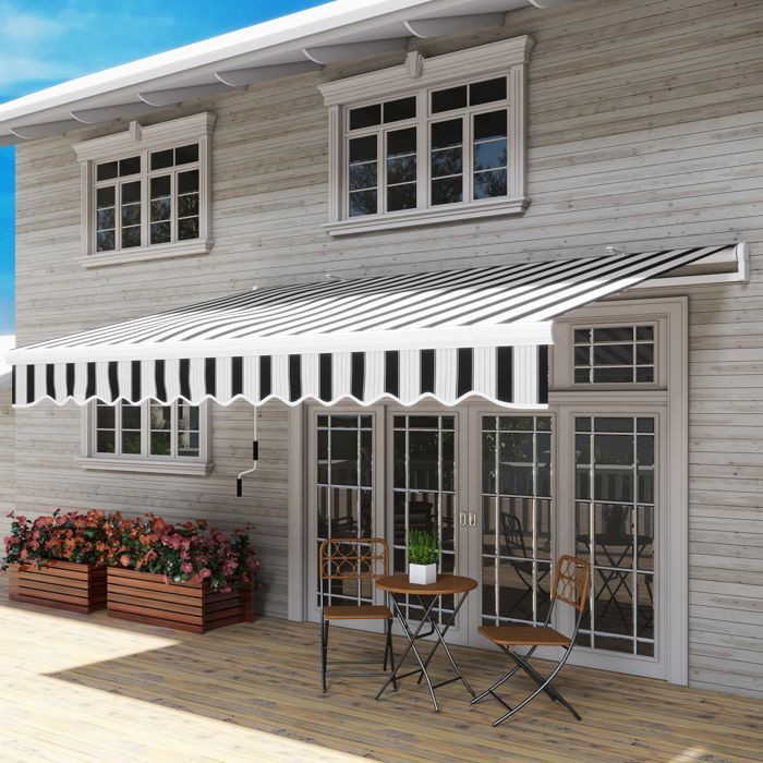 Toldo manual retráctil de 395 x 245 cm - Outsunny - manivela, poliéster de 280 g/m² con protección UV, aluminio - azul y blanco