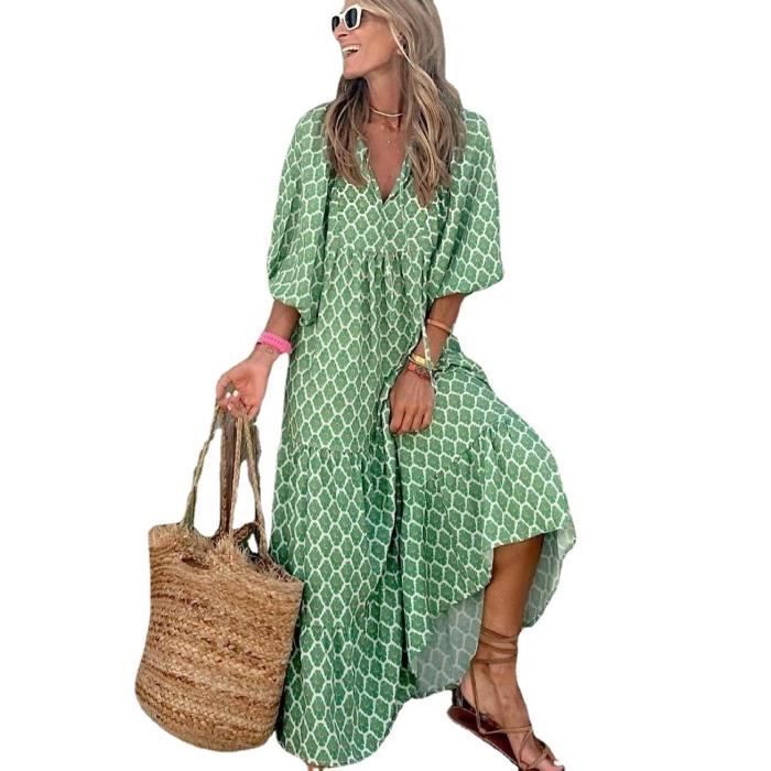 Elegante vestido largo con mangas abullonadas para mujer, estampado floral informal, escote en V, verde verano.