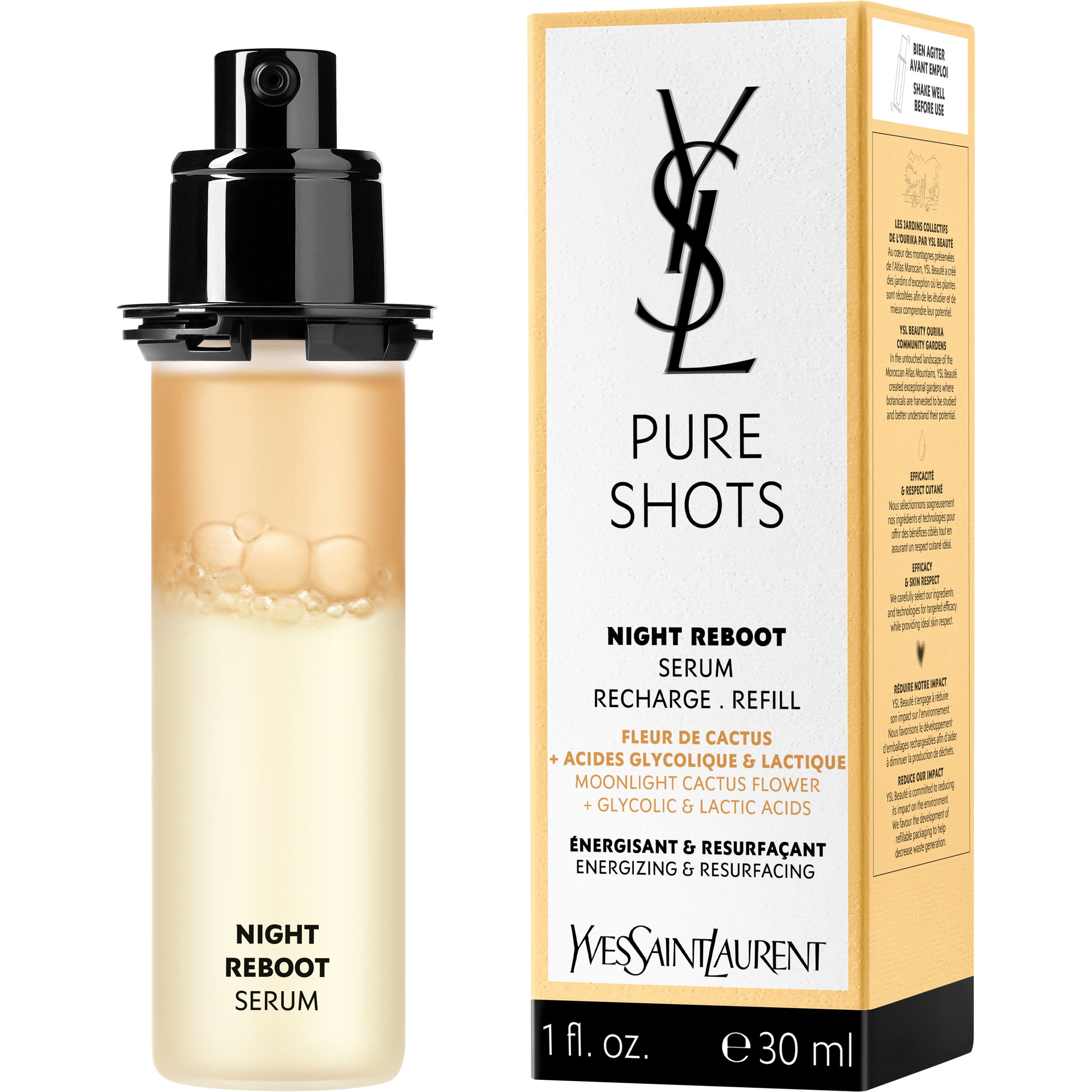 „Pure Shots Night Reboot“ regeneruojamasis dvifazis serumas Prabangus raukšles ir senėjimą stabdantis serumas