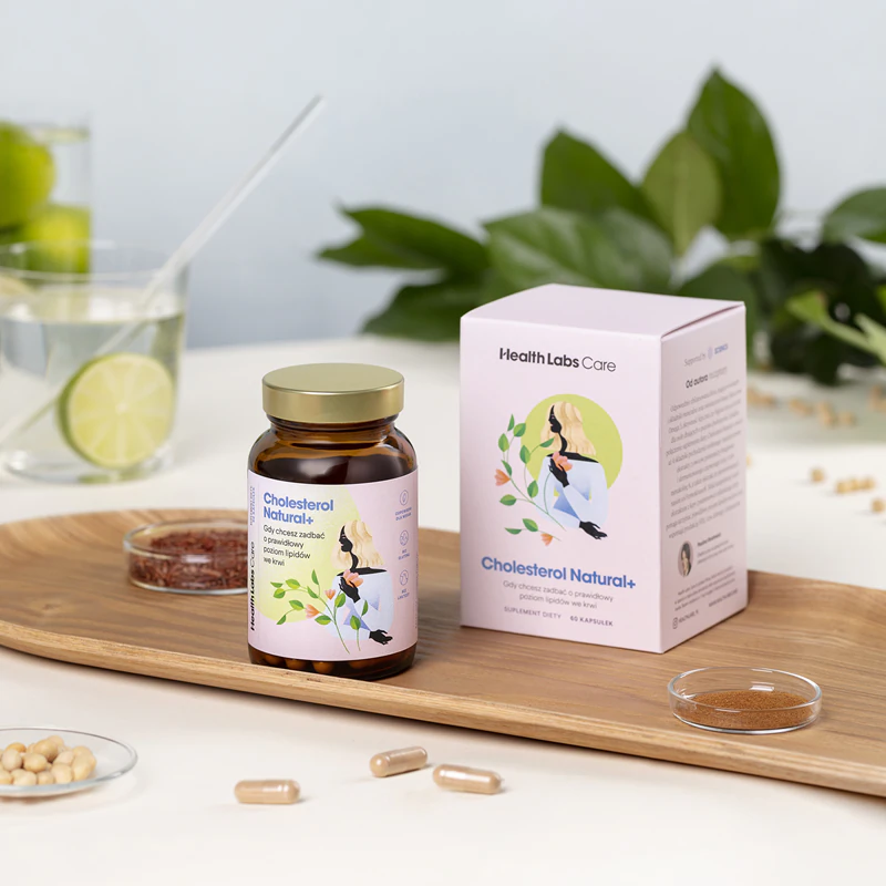 Cápsulas do suplemento alimentar Health Labs Care Cholesterol Natural+ para manter níveis saudáveis de colesterol.