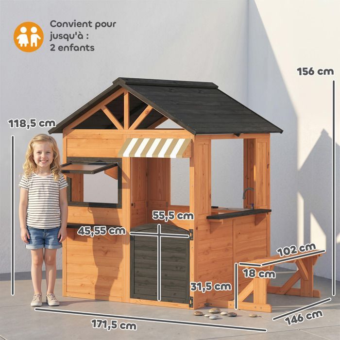 Casita de juegos de madera para exteriores para niños, cocina de juguete para interior/exterior con ventanas, puerta y banco, color marrón.