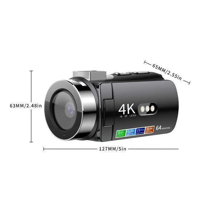 Cámara de video 4K de 64 MP - COCOSITY - Zoom digital 28X - Enfoque automático - Pantalla giratoria de 3 pulgadas y LED