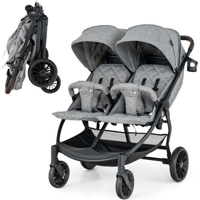 Poussette Double 0-3 Ans Pliage à un Bouton COSTWAY Côte à Côte-Dossier Réglable-Auvent à 5 Niveaux-Roues Freinées-Charge 15KG-Gris