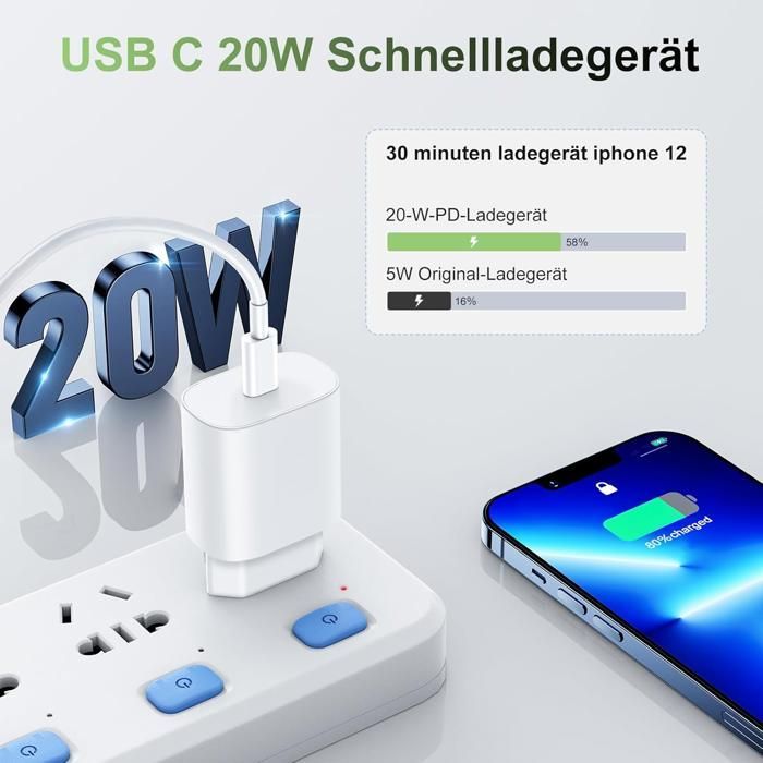 Cargador rápido de 20 W blanco - Compatible con iPhone 14/13/12/11/X - cable USB-C a Lightning - compatible con iPad