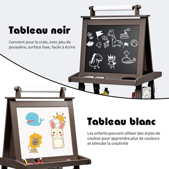 GOPLUS Tableau Enfant Noir/Blanc Magnétique 59x50x117CM,Chevalet Double Face avec Rouleau de Papier et Boîtes de Rangement,Marron