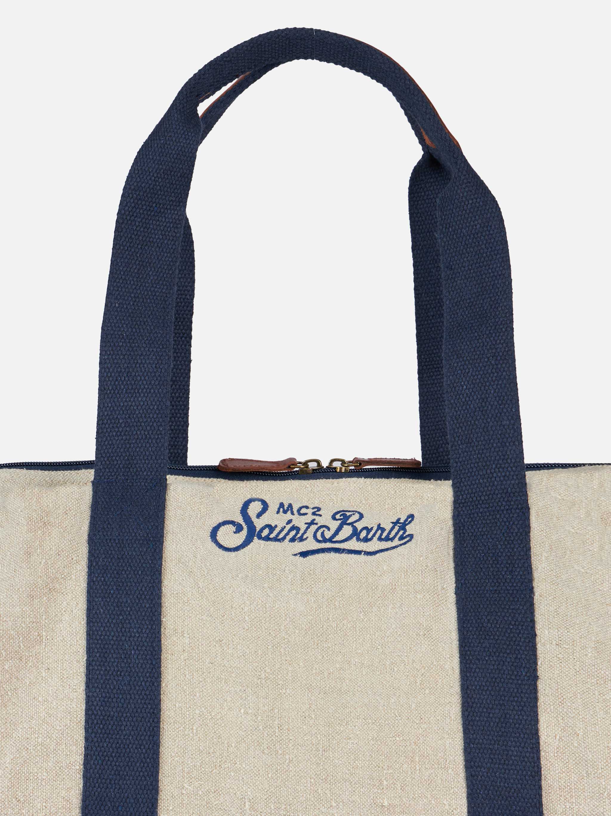 Jetleg Reisetasche aus natürlichem Leinen mit Lederdetails und Saint Barth Logo-Stickerei | 100 % Leinen | MC2 Saint Barth