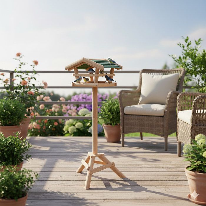Casita para pájaros Relaxdays con soporte, comedero de jardín, decoración de madera, alto x ancho x profundidad: 100 x 37 x 43 cm, con techo verde.