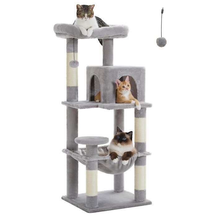 PAWZ Road krabpaal, ruim ontwerp, grote, stevige en stabiele hangmat met hangmat en prachtig kattenhuis - middelgroot, grijs, 116 cm