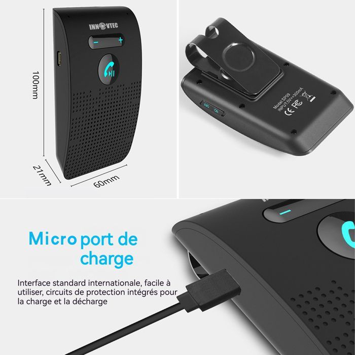 Kit manos libres para coche INNOVTEC - 10x6x2,1cm - Manos libres Bluetooth para coche - Altavoz con micrófono integrado y clip