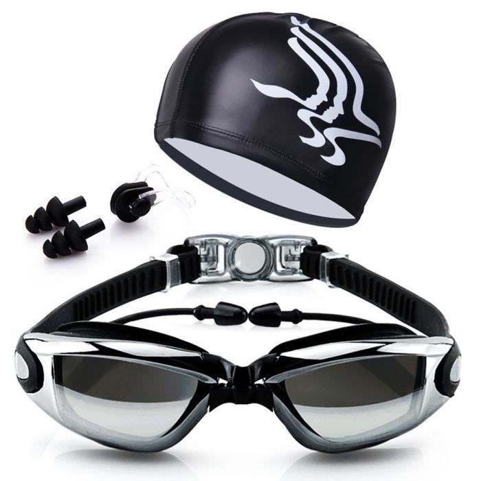 Unisex Adult Black Anti-Fog Fashion Swimming Goggles Set with Cap and Storage Bag