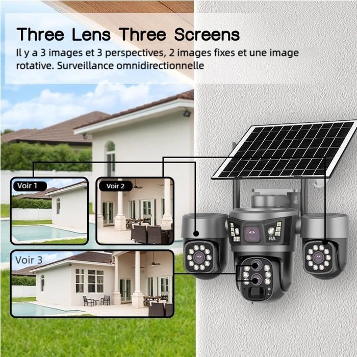 Caméra de surveillance 4G solaire 6MP PTZ à 3 objectifs, zoom optique 10X, vision nocturne etaudio bidirectionnel