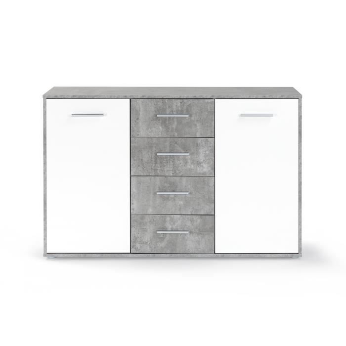 Aparador bajo PILVI - 2 puertas y 4 cajones - Blanco y hormigón claro - Ancho 122,6 x Profundidad 34,2 x Alto 81,1 cm