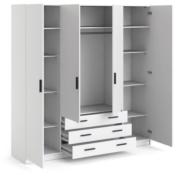 Armoire VEGA - Décor Blanc mat - 4 portes + 3 tiroirs - L 195,5 x P 49,6 x H 200,4 cm