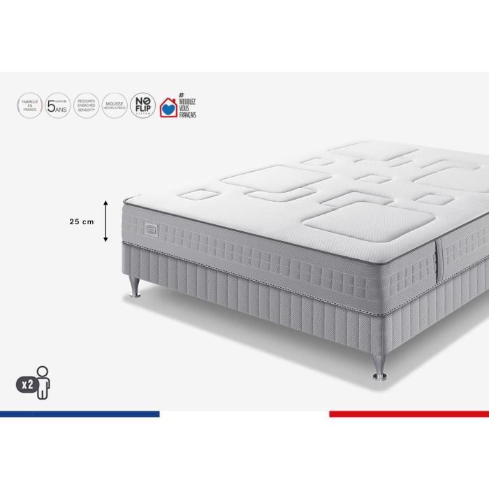 Ensemble matelas sommier 160 x 200 SIMMONS Hauteur 25 cm - Ressorts ensachés Sensoft - Fabriqué en France -  SW3