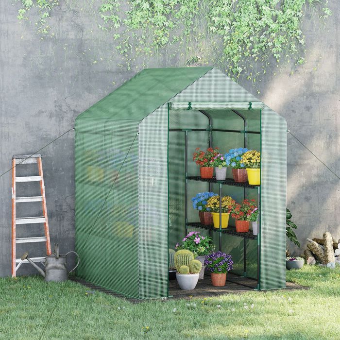 Outsunny Garden Greenhouse - with 3-Tier Shelves - Reinforced 140 g/m² PE Cover and Steel Frame - for Vegetables and Flowers - Green