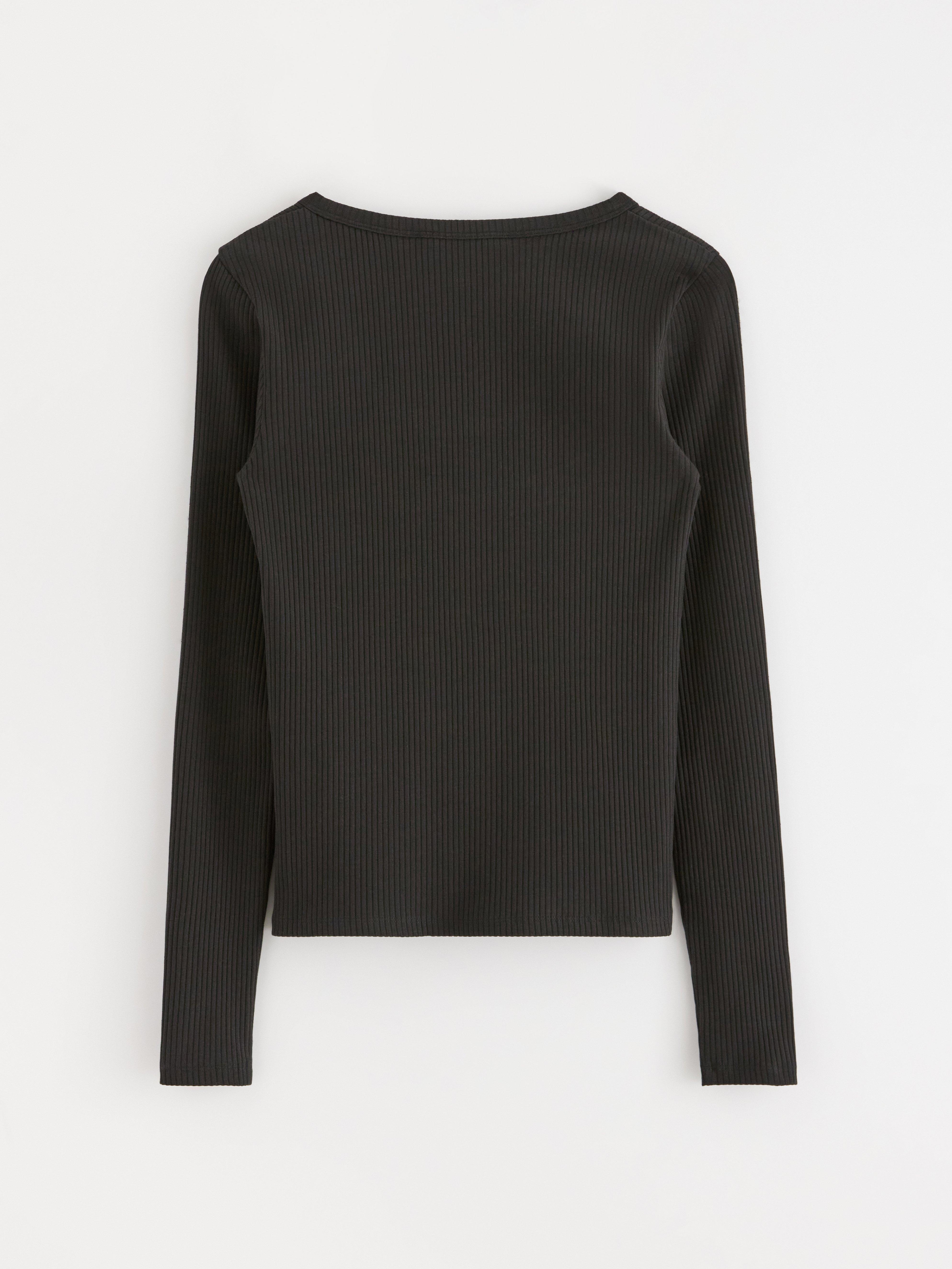 Ribbad långärmad topp Black