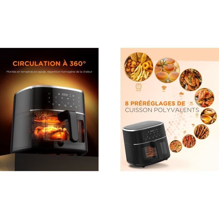 tomons 6L Friteuse sans huile Airfryer XXL Grande Capacité, avec 8 Préréglages, Fenêtre de Cuisson Visuelle, Panier Antiadhésif