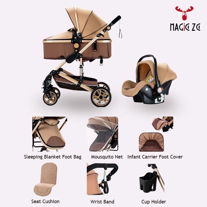 Carrinho de Bebê Duo MagicZC, Combinado, Cinto de Segurança de 5 Pontos, Dobrável, com Moisés, Bebê Conforto, para Recém-Nascidos, Bege