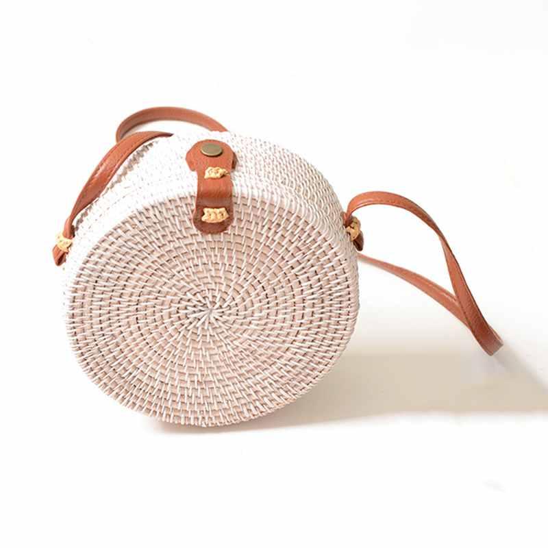 Sac d'été en paille tressée, rotin marron, noir et blanc, style bohème, sac de plage, sac messager rond fait main, sac étoile (blanc)