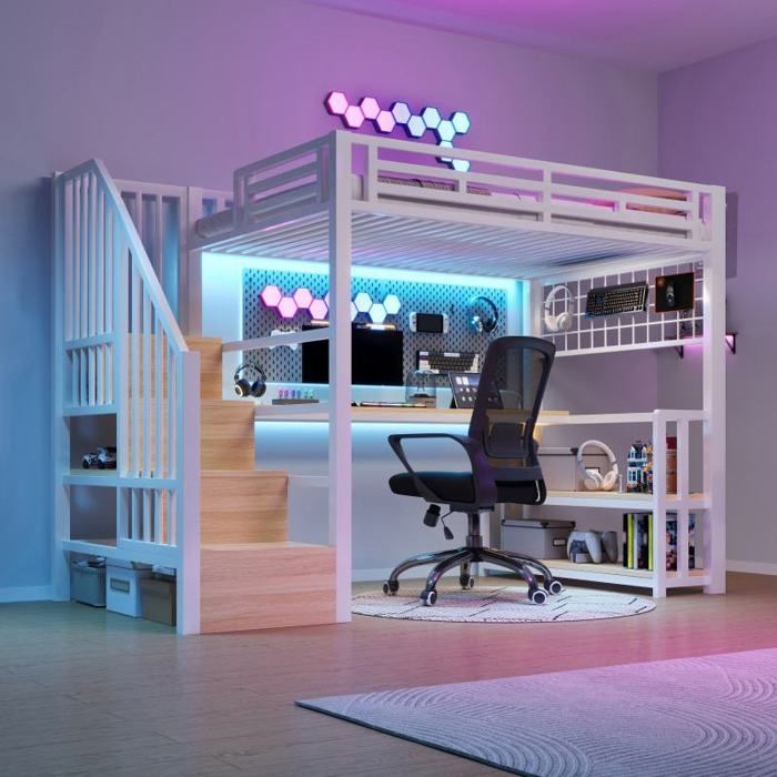 Lit mezzanine - LANGTU - 90x200 - Bureau intégré - LED réglable - Rangement escalier, USB/Type-C