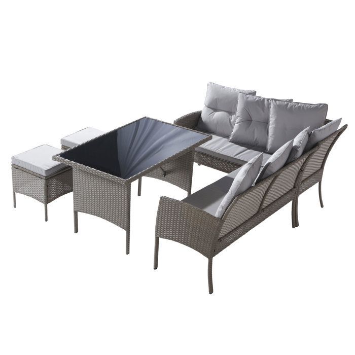 Set di mobili da giardino in rattan sintetico PE a 7 posti - 2 divani, 2 sgabelli e 1 tavolino - struttura in acciaio - grigio chiaro