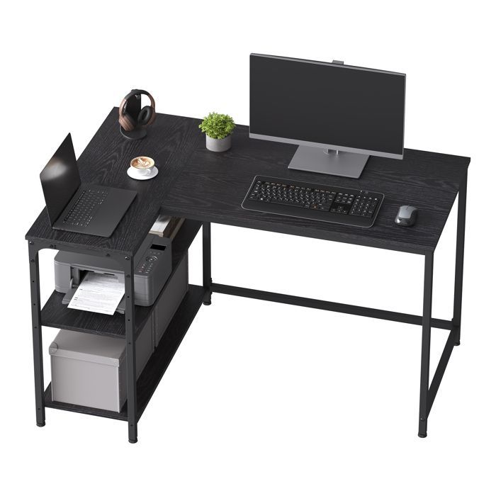 Bureau en L, Étagères Réglables avec Rangement, 110 x 80 cm, Noir