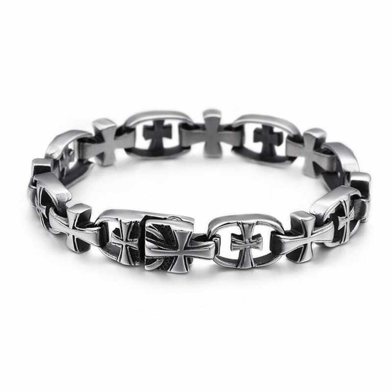 Pulseiras com Pingente de Cruz em Aço Inoxidável para Homens, Corrente de 21cm, Crucifixo, Pulseiras com Oração de Cristo.