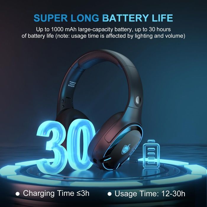 Casque sans fil Bluetooth 5.3 à double puce, microphone antibruit, lumière LED, pour PC/PS4/PS5/TV/Switch, noir
