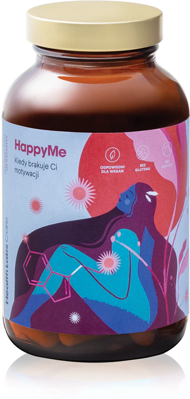 Cápsulas do suplemento alimentar Health Labs Care HappyMe para melhorar o humor.