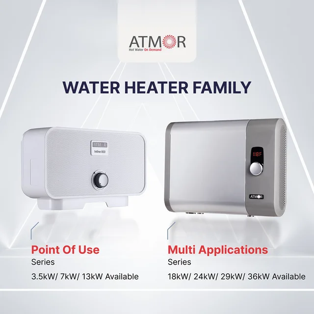 Atmor 18 kW-os, 3,73 GPM-es elektromos, átfolyós vízmelegítő, ideális 1 hálószobás otthonokba, akár 3 egyidejű alkalmazáshoz
