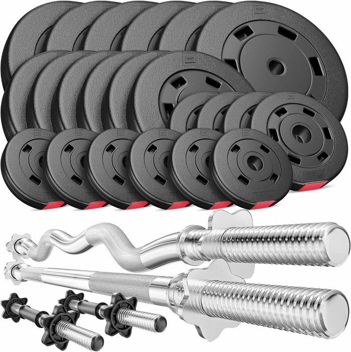 Hop-Sport halterset van 125 kg, bestaande uit stangen van 167 cm, stangen van 120 cm (SZ-maat) en 2 stangen van 45 cm, en gewichtsschijven van 6x10, 6x5, 4x2,5 en 6x1,25 kg.