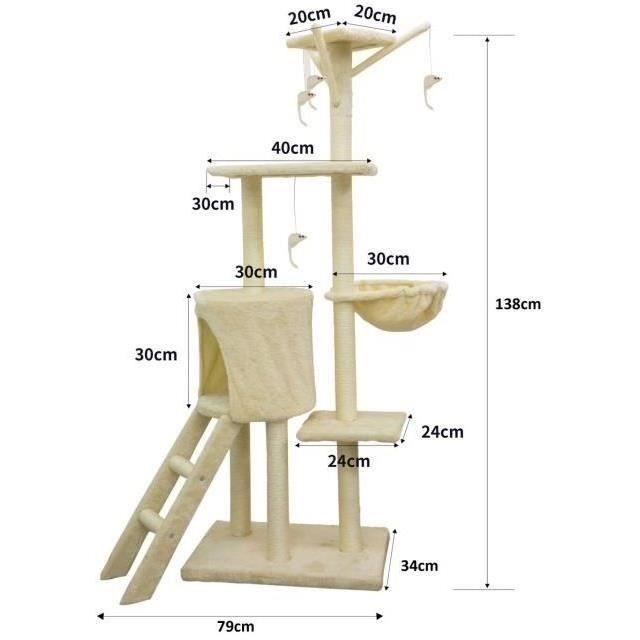 Árbol rascador para gatos JIPSY color beige, 79 x 34 x 138 cm - 3 plataformas, 1 percha, 1 escondite, 1 escalera, postes rascadores