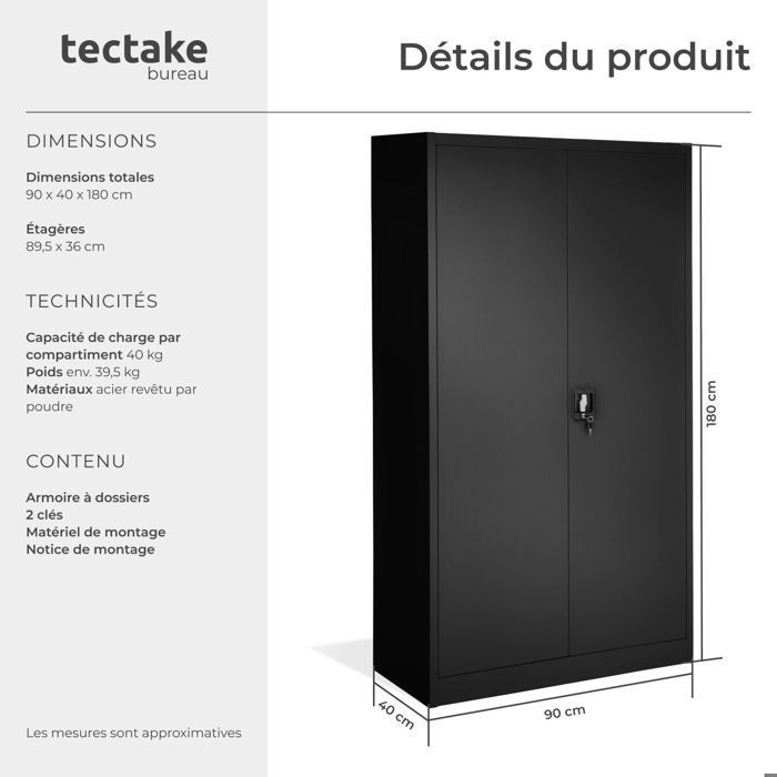 Contenitore - TECTAKE - Armadietto metallico a 5 ripiani con serratura, ripiani in acciaio regolabili 90x40x180 cm - Nero