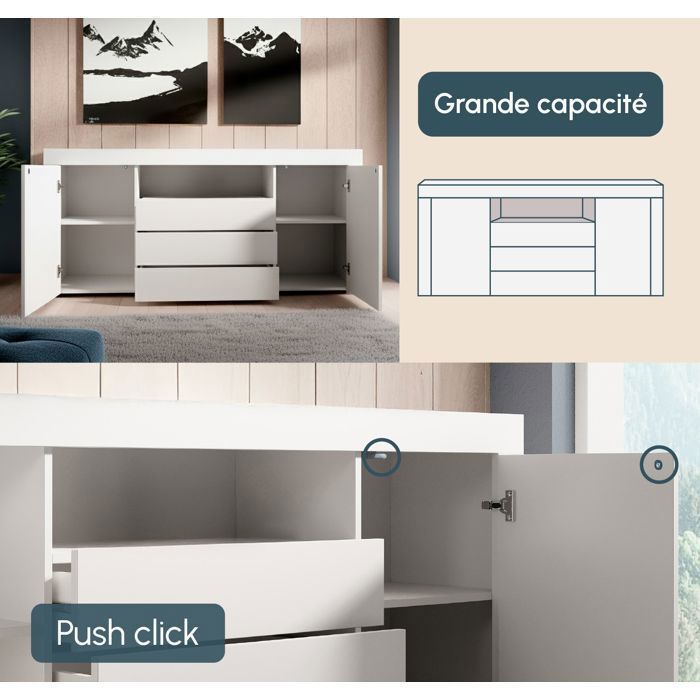 Buffet Bahut de Salon YANIS - 160 cm - 2 Portes et 3 Tiroirs - Enfilade Blanc Mat - Style Scandinave Moderne - Designameublement
