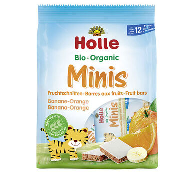 Mini barritas orgánicas Holle de plátano y naranja, 12 meses, 100 g.