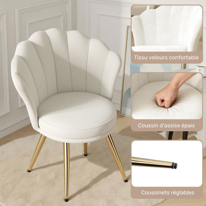HAWTHYHOME Velvet Lounge Chair, Moderne Design Lænestol, Polstret Sminkestol, Guldmetalben, Hvid