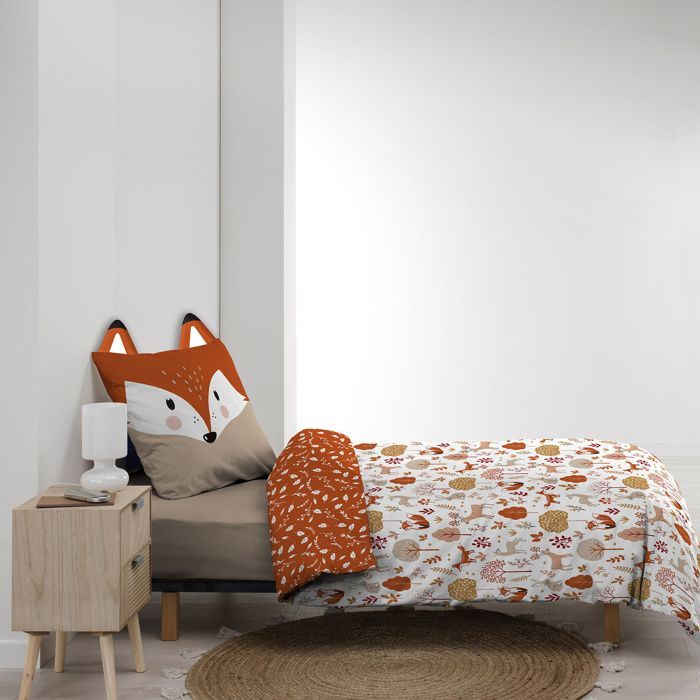Copripiumino per bambini 140 x 200 cm + 1 federa – ROXY – 42 fili – Reversibile con federa con testa di volpe