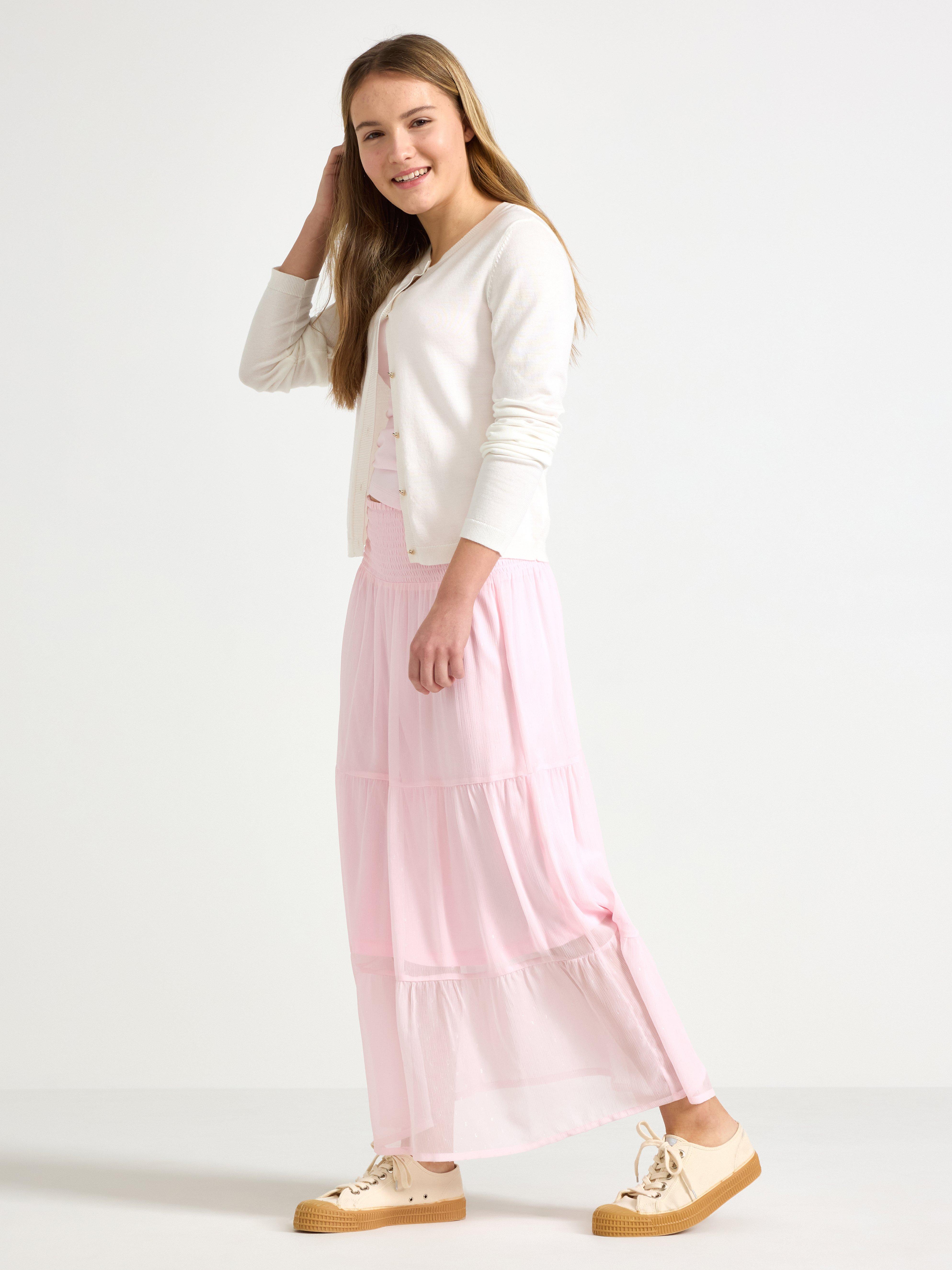 Saia maxi em chiffon rosa claro