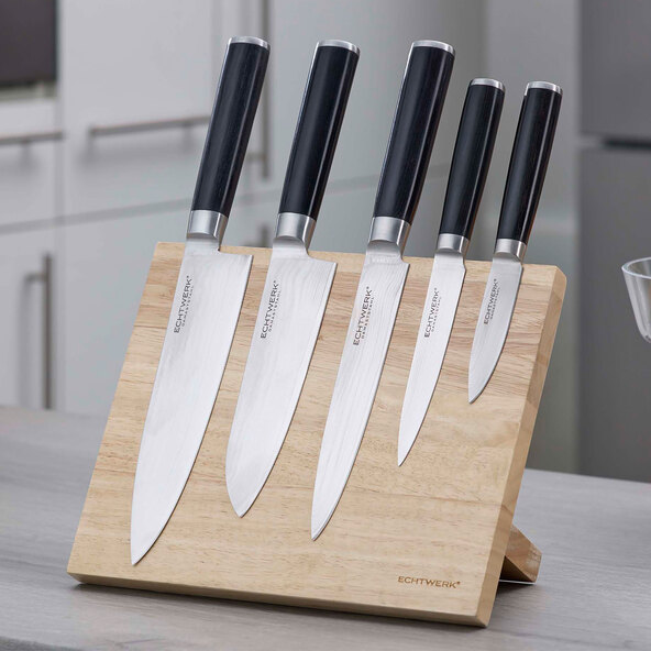 Set de cuțite Damasc, 5 piese, inclusiv bloc magnetic pentru cuțite