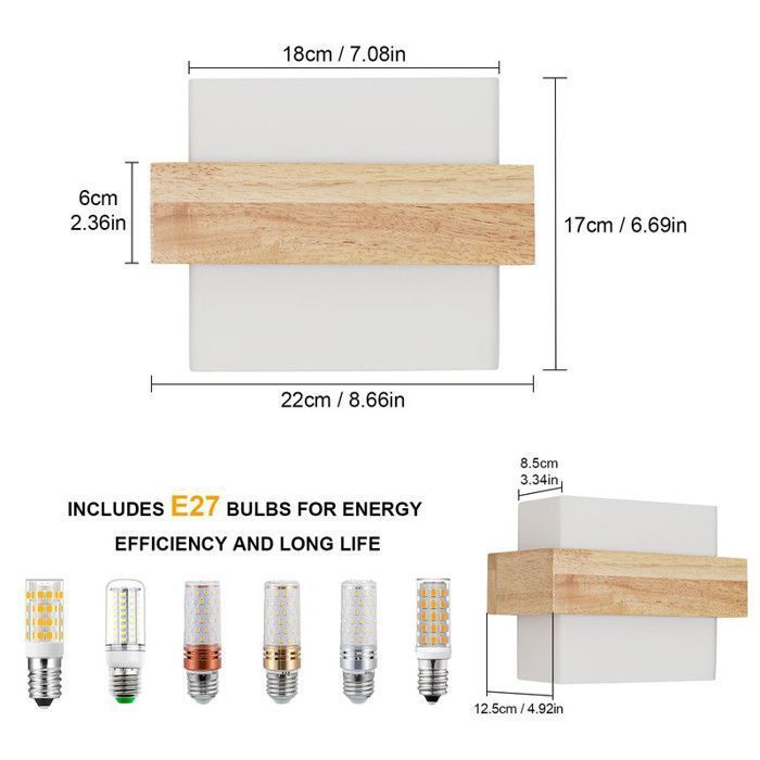 DELIPOP Applique Murale Vintage - Bois Naturel et Métal - Éclairage LED 12W - 3 Températures de Couleur - 3000K/4000K/6500K