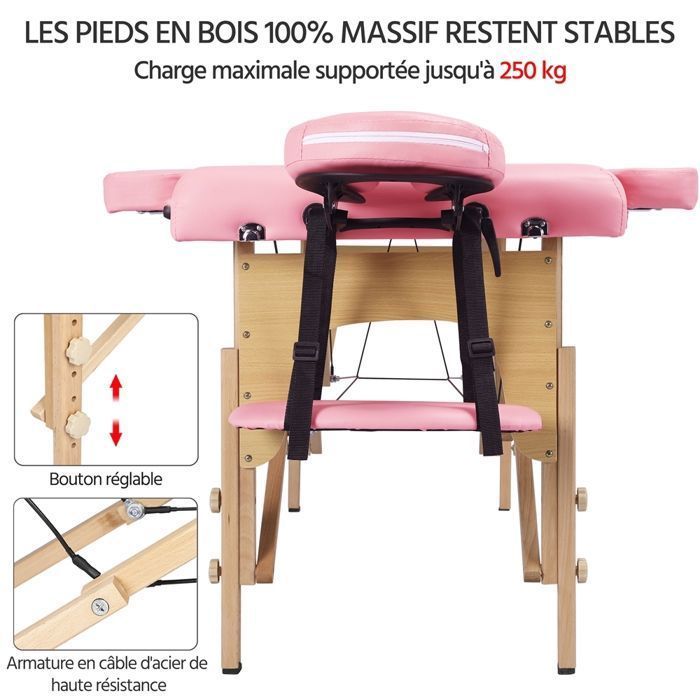 Lettino da massaggio pieghevole - 3 sezioni - Portata massima 250 kg - Rosa - Altezza regolabile 213 x 82 cm - Yaheetech