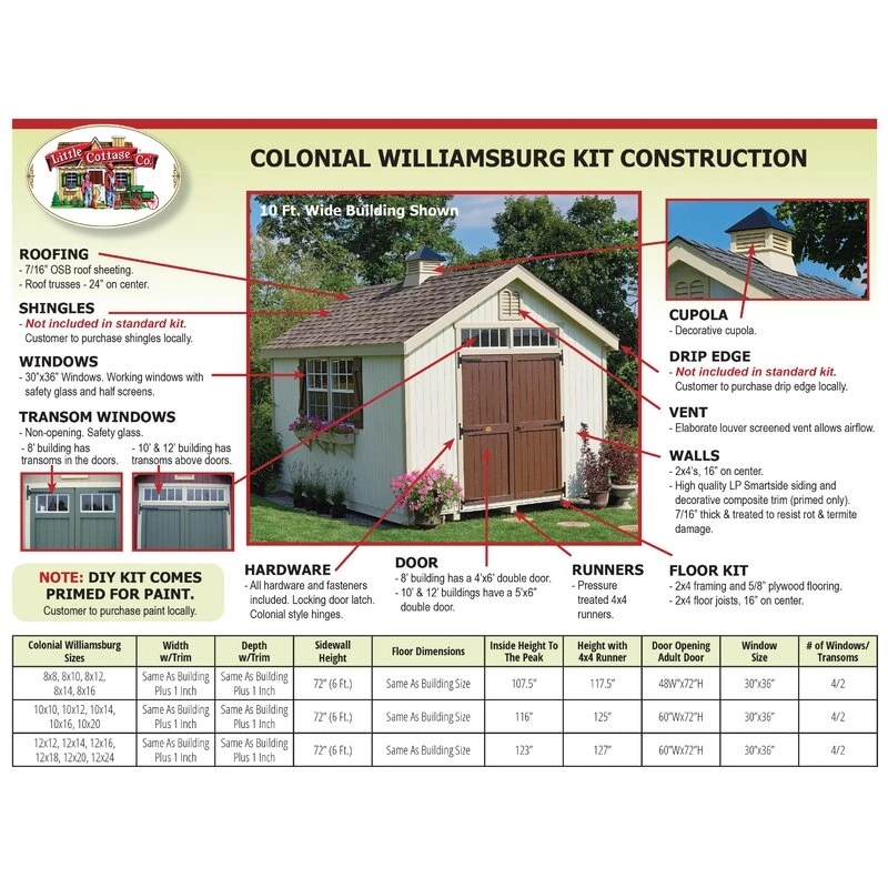 Gartenhaus im Stil von Colonial Williamsburg, 3 m breit x 4,9 m tief, aus Massiv- und Kunstholz