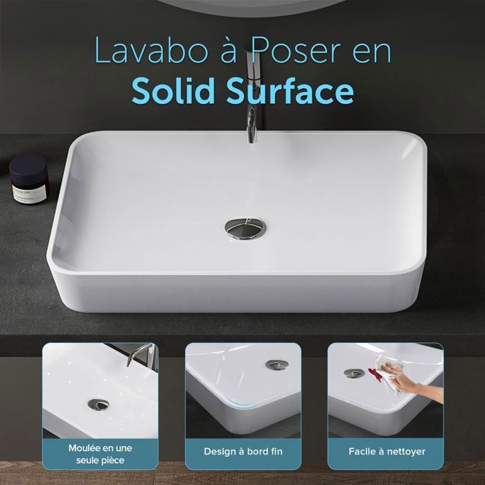 Lavabo de encimera Doporro Colossum815 blanco de 60 cm en superficie sólida de fundición mineral, 60x40x9 cm.