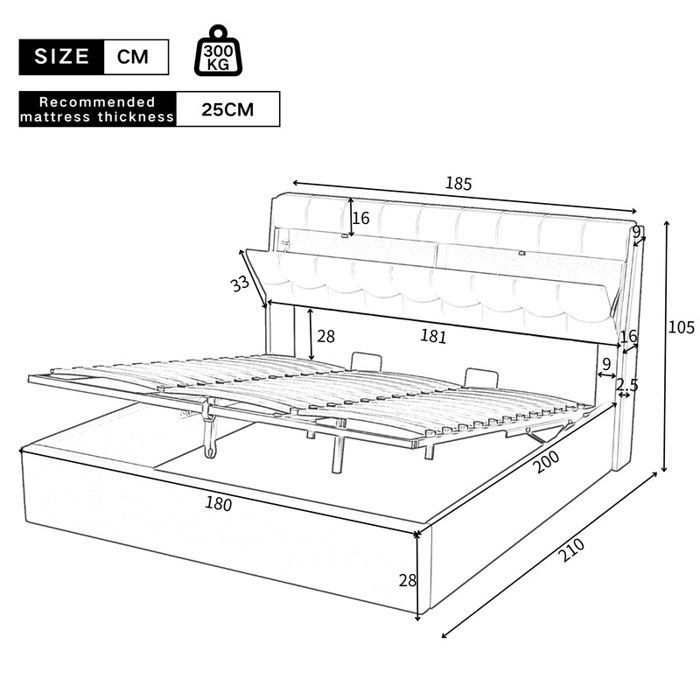 Tweepersoons gestoffeerd PU-bed 180x200, hydraulisch bed met verborgen opbergruimte naast het bed, opbergbed voor volwassenen met lattenbodem en hoofdeinde, wit